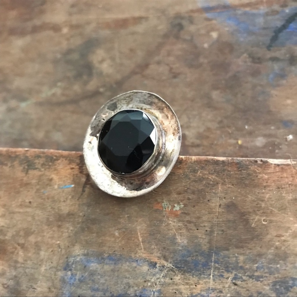 Vintage Large Obsidian Hammered Sterling Silver round Ring size 7 big huge - Picture 5 of 8